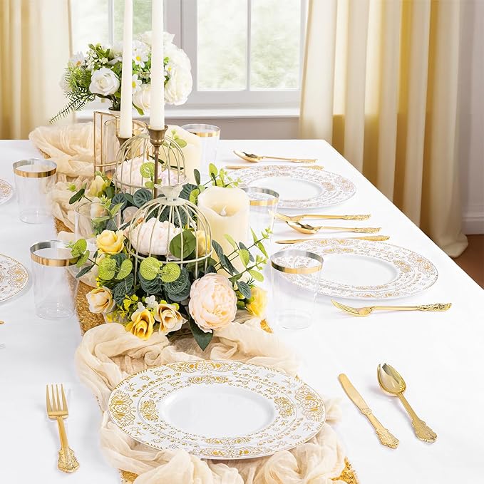GATHER 350PCS White and Gold Plastic Plates - Gold Disposable Dinnerware Set Include 50 Dinner Plates, 50 Dessert Plates, 150 Gold Plastic Silverware, 50 Napkins, 50 Cups for Wedding & Christmas