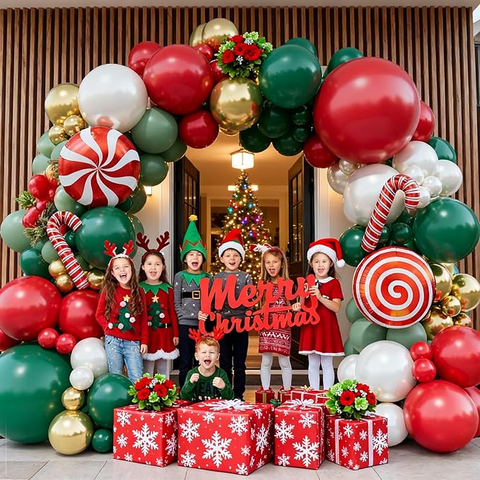 Christmas Balloon Arch Kit, Double Stuffed Red Green White Pearl Balloons with Candy Cane Foil Balloons, Holiday Balloon Garland for Christmas Party Decorations, Xmas Birthday & New Year Decor