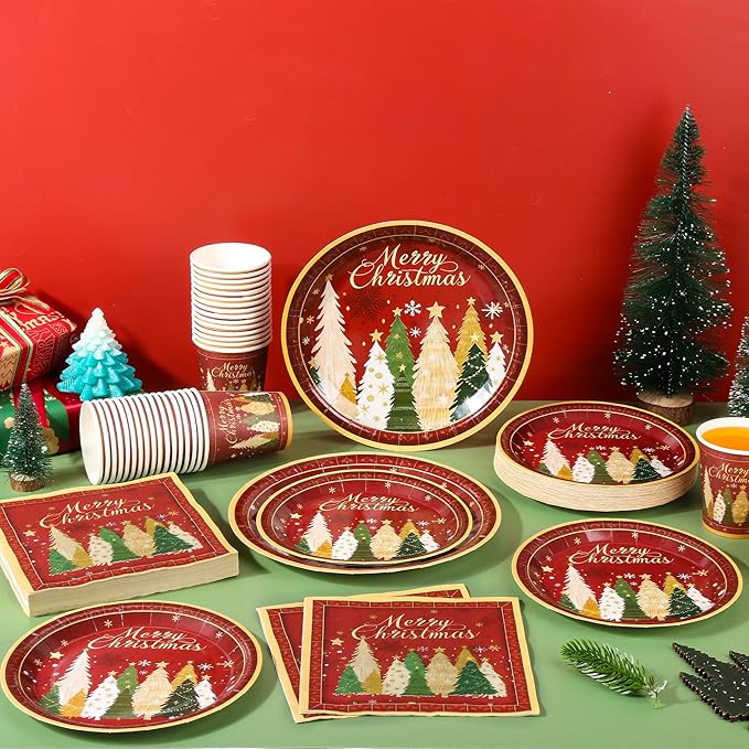 200Pcs Christmas Paper Plates Napkins and Cups Set, Xmas Disposable Party Dinnerware with Merry Tree Design, Holiday Tableware Supplies,Serves 50