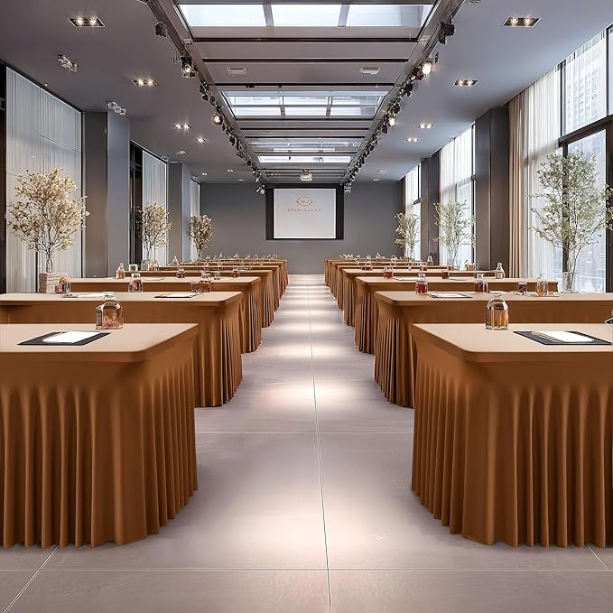 1 Pack Brown Table Clothes for 8 Foot Rectangle Tables, One-Piece Wrinkle Resistant Stretch Spandex Table Covers with Skirt for Event Banquet Wedding Birthday Party