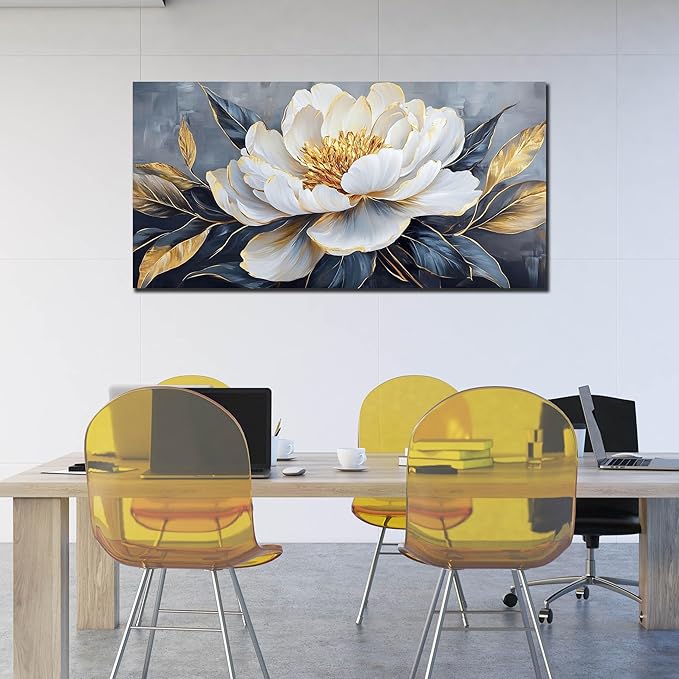 AOZEMI Floral Wall Decorations White Pictures Flowers Wall Art Modern Canvas Plant Gold Wall Decor for Living Room Bedroom Big Artwork 29"x 59"