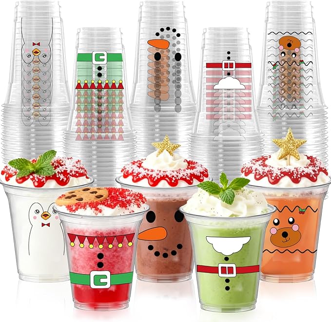50 Pcs Christmas Plastic Cups, 12 OZ Christmas Disposable Party Drinking Cups, Santa Claus Snowman PET Cup for Xmas Winter Holiday Party Drinkware Table Decorations Supplies (5 styles)