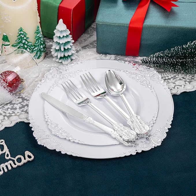 Liacere 150PCS Silver Plastic Plates with Silver Cutlery - Disposable Plastic Plates Include 30Dinner Plate, 30Dessert Plate, 30Knives, 30Spoons, 30Forks - Ideal for Wedding&Christmas