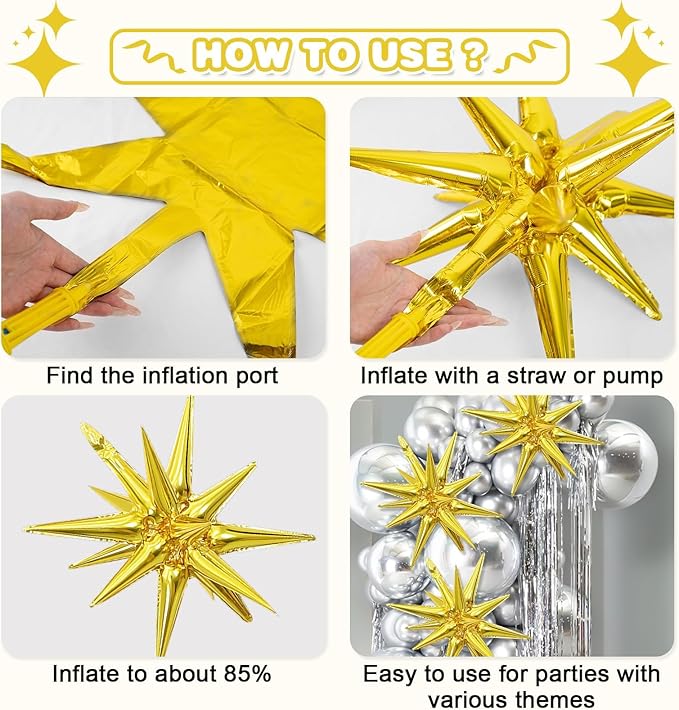 Black White Gold Star Balloon,Sand White Gold 6Pcs 22Inch Explosion Star Balloons and 10Pcs 10Inch Four Angle Balloons Kit for Birthday Anniversary Baby Shower Wedding Party Decorations