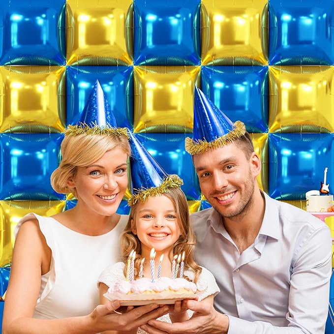 NISOCY 25PCS Blue Gold Square Foil Balloons Wall Backdrop Double Sided Deep Blue Gold Balloons Arch Kit for Birthday Graduation Baby Shower Wedding Anniversary Party Decorations