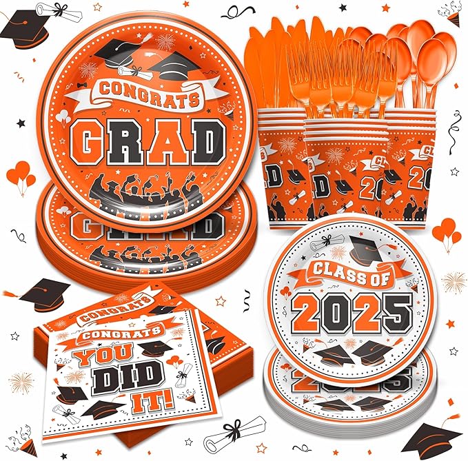 Graduation Decorations Class of 2025 - Orange Graduation Party Supplies 2025 Include Plates, Cups, Napkins, Cutlery, 24 Guests