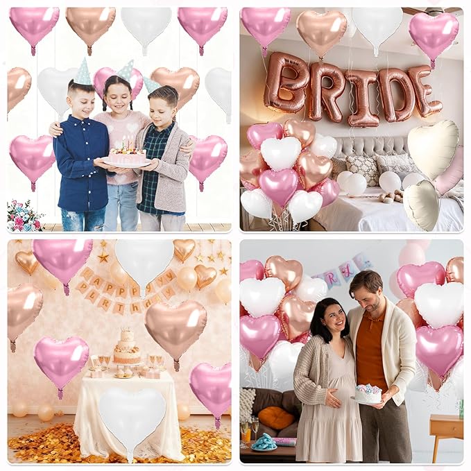 Rose Gold Heart Balloons, 10 Pcs Light Pink Heart Shaped Balloon, 18 Inch Rose Gold and White Foil Balloons Helium for Girls Women Brithday Bridal Baby Shower Wedding Valentines Party Decorations
