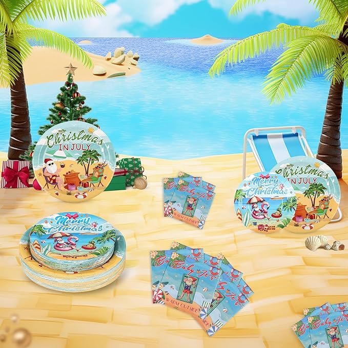 150Pcs Christmas in July Party Decorations Plates Napkins Summer Tropical Hawaiian Christmas Santa Beach Paper Plates for Christmas in July Beach Pool Party Supplies,Serves 50