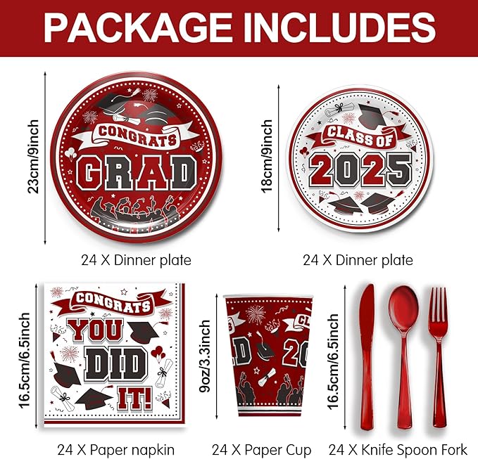 Graduation Decorations Class of 2025 - Graduation Party Supplies 2025 Include Plates, Cups, Napkins, Cutlery, 24 Guests (Maroon)