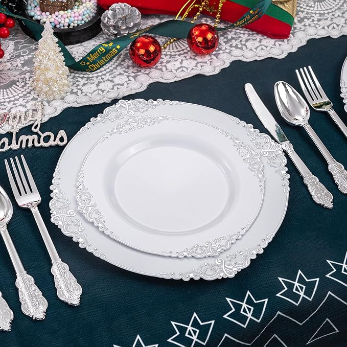 Liacere 150PCS Silver Plastic Plates with Silver Cutlery - Disposable Plastic Plates Include 30Dinner Plate, 30Dessert Plate, 30Knives, 30Spoons, 30Forks - Ideal for Wedding&Christmas
