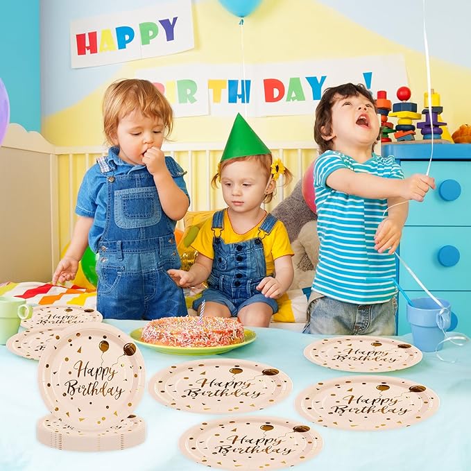 90PCS Happy Birthday Plates and Napkins Party Supplies, Disposable Pink Gold Dot Dessert Paper Plates Napkins with Forks Tableware Set Party Decorations for Girl Women Birthday Parties