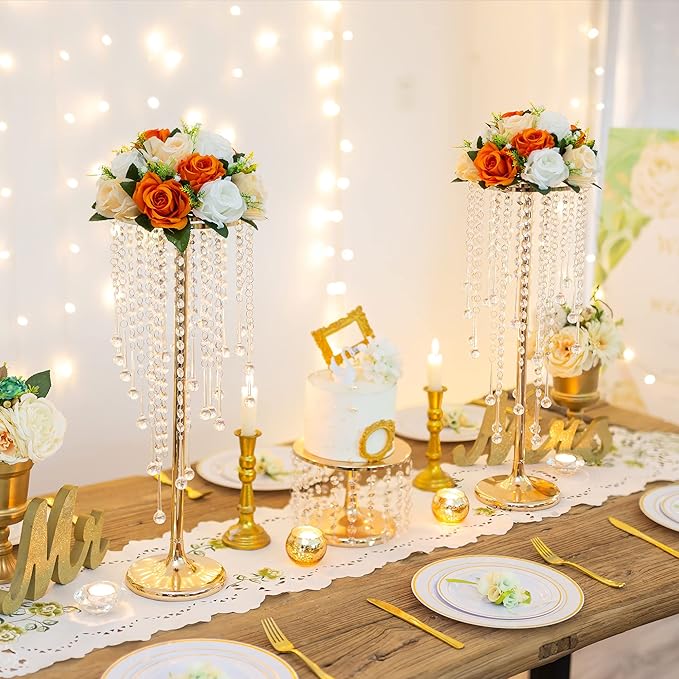 Sziqiqi Flower Centerpieces for Wedding Tables Metal - Tall Vases with Chandelier Crystal Beads for Head Table Gold Flower Stand for Wedding Reception Party Events Road Lead