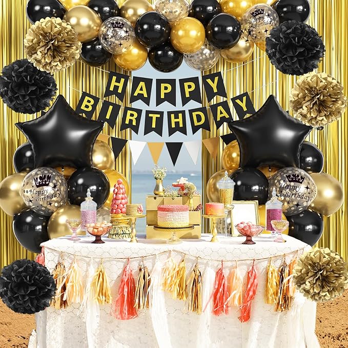 Black Gold Birthday Decorations, Gold Black Foil Confetti Balloons Foil Balloon Happy Birthday Banner Pom Poms Fringe Curtain for Men Women Bday Party Decoration Supplies