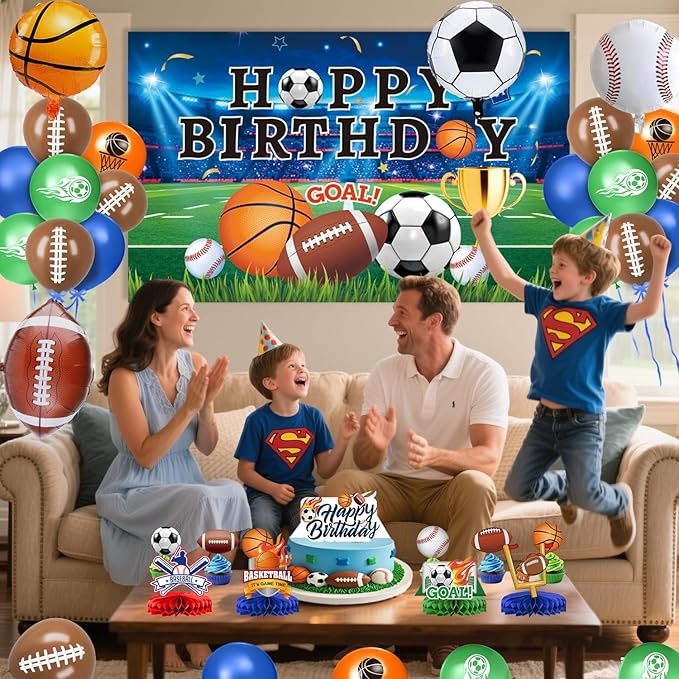 Sports Birthday Party Decorations Includes Banner, Backdrop, Foil & Latex Balloons, Cake & Cupcake Toppers, Honeycomb Centerpieces for Boy Sports Themed Party Decorations
