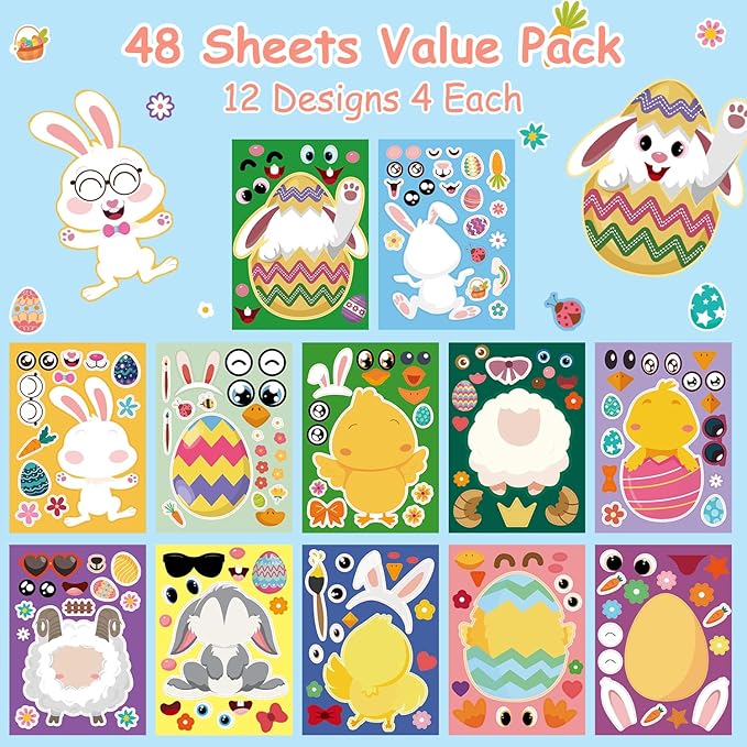 Aowplc 48 Pcs Easter Make-a-Face Sticker Sheets, 8”x 6" Mix and Match Stickers with Animals & Eggs for Kids’ Easter Basket Stuffers, Crafts, Party Favors