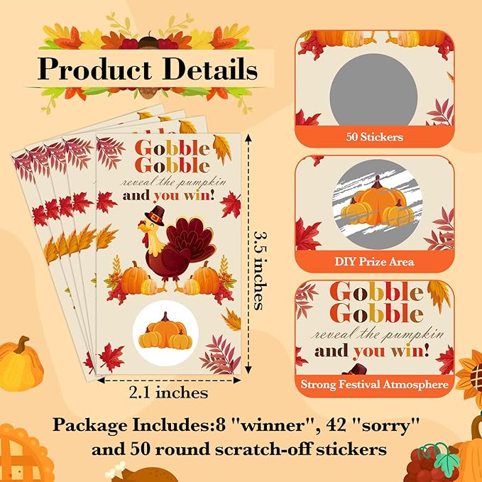Thanksgiving Scratch Off Cards, 50 Fall Turkey Party Scratch Off Tickets, Autumn Pumpkin Game Cards for Adults Family Groups Supplies Classroom Activities - B02