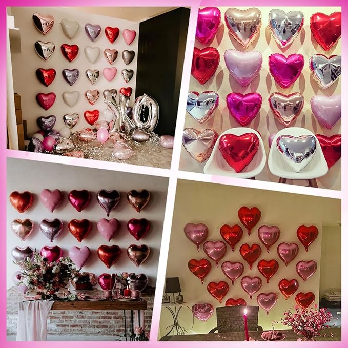 Hot Pink Heart Balloons, Heart Shaped Ballons, 20 Pcs 5/10/18 inch Hot Pink Foil Love Balloons for Valentine's Day Decorations Wedding Engagement Bridal Showers Anniversary Celebrations