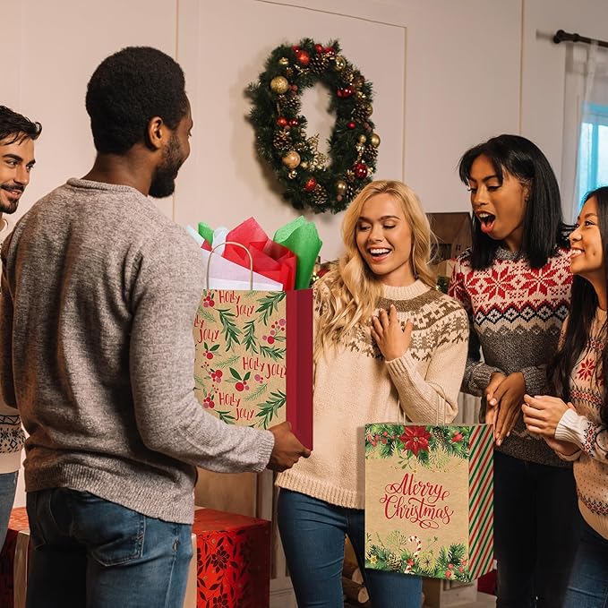 48 Large Christmas Gift Bags with 24 Tissue Paper, 5.1x10x12.6 Inch Bulk Holiday Kraft Paper Bags for Gifts with Handles, 8 Styles Xmas Gift Bags for Wrapping Christmas Holiday Presents Party Favors