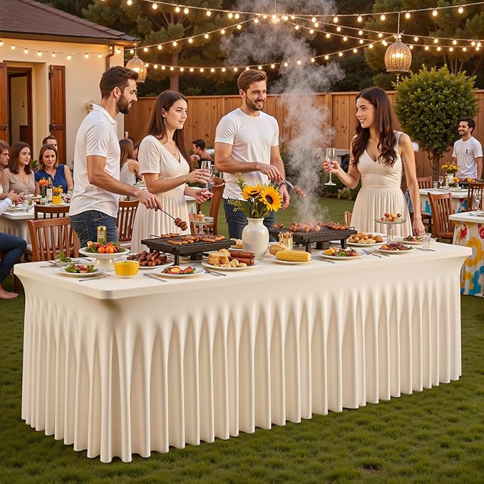 1 Pack Light Champagne Table Clothes for 6 Foot Rectangle Tables, One-Piece Wrinkle Resistant Stretch Spandex Table Covers with Skirt for Event Banquet Wedding Birthday Party