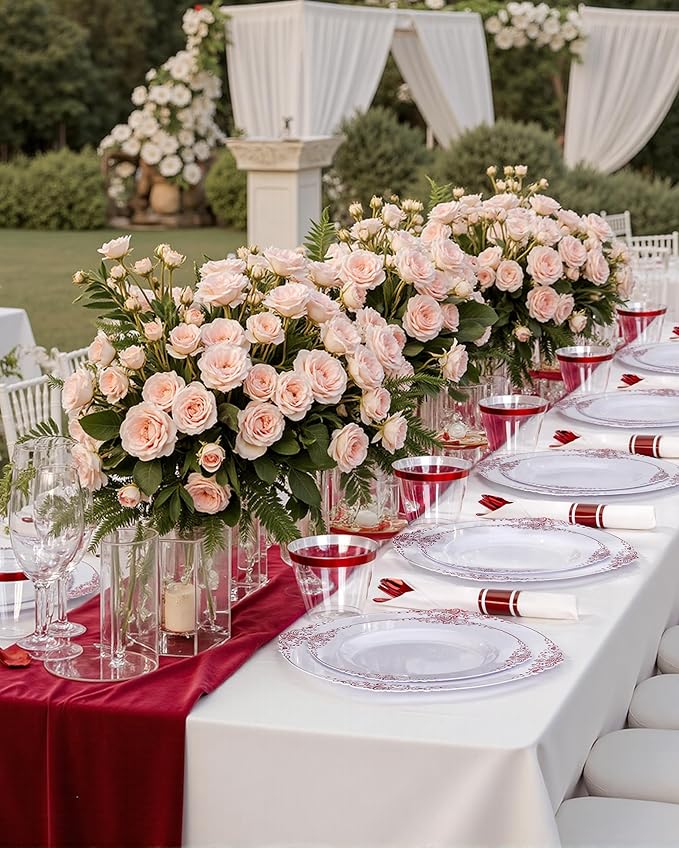 Nervure 350PCS Red Plastic Plates - White Red Plastic Dinnerware Set for 50 Guests - 100 Red Disposable Plates, 50 Pre Rolled Cutlery Set, 50 Cups Perfect for Wedding, Party & Christmas