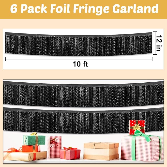 6 Pack 10 Feet Black Wave Foil Fringe Garland Metallic Tinsel Streamers Banner Wall Hanging Curtain Backdrop for Parade Floats, Mother's Day, Easter, Wedding, Birthday Party Decoration