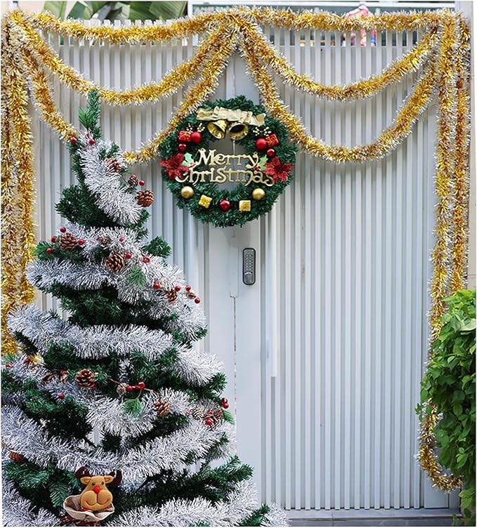 50Ft Christmas Tinsel Garland, Gold Snowflake Metallic Twist Garland for Xmas Tree Decorations, Tinsel for New Year Party Ceiling Hanging Decorations Indoor and Outdoor Decor