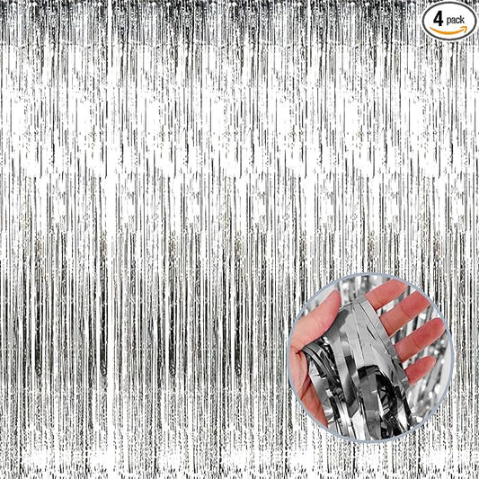 4 Pack Silver Foil Fringe Curtain Backdrop, 3.28Ft x 8.2Ft Metallic Tinsel Foil Fringe Streamer Curtains for Photo Booth Props, Birthday, Wedding, New Year’s, Christmas Decoration Party Supplies