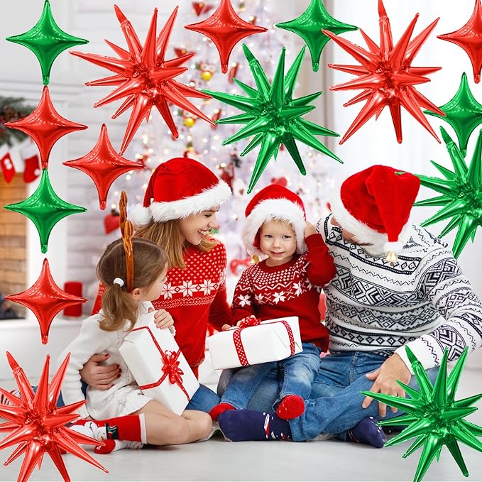 Red Green Star Balloons,Explosion Star Balloons Kit with 6Pcs 22Inch Cone Star Foil Balloons and 10Pcs 10Inch Four Pointed Star Balloons for Christmas Birthday Anniversary Party Decorations