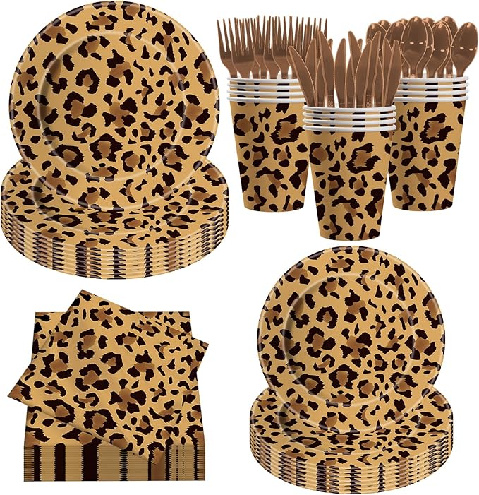140PCS Leopard Print Party Decorations,Jungle Animal theme Decorations Include Tableware, Plate, Cup, Napkin, Cutlery, Animal Cheetah Print Birthday Party Supplies Serve 20