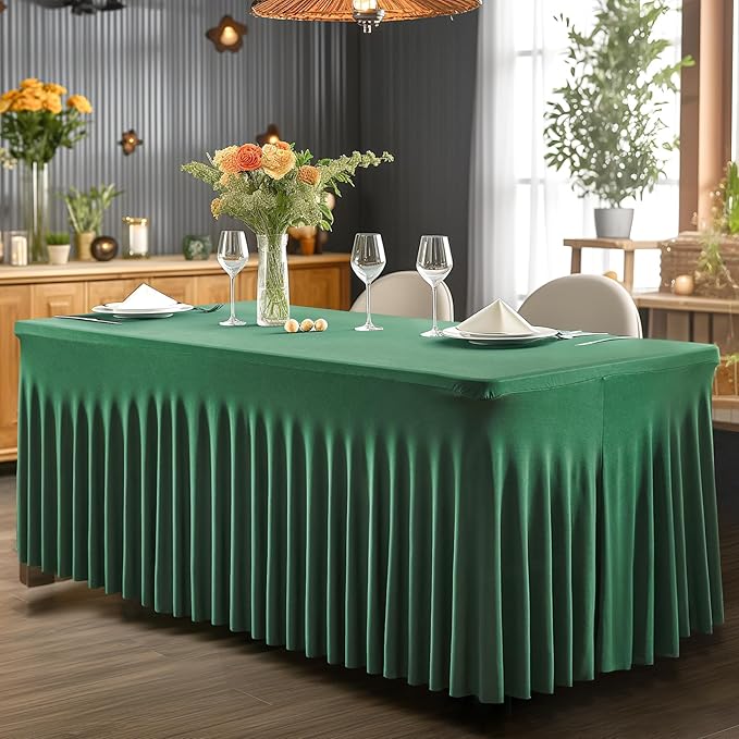 1 Pack Green Table Clothes for 8 Foot Rectangle Tables, One-Piece Wrinkle Resistant Stretch Spandex Table Covers Christmas Table Skirt for Event Banquet Wedding Birthday Party