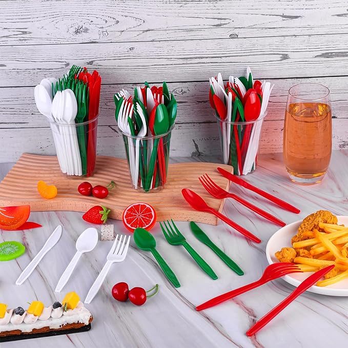 360 Pcs Christmas Silverware Disposable Flatware Cutlery - Red, Green, White Forks, Knives and Spoons Set - Plastic Serving Silverware for Holiday Party Supplies