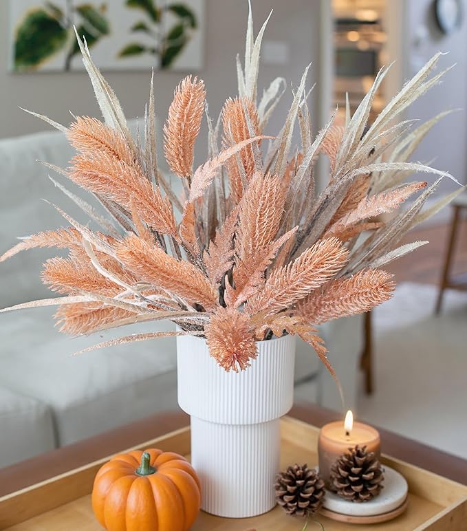 7 PCS Christmas Stems for Vases, 26 in Faux Stems Fake Plants Winter Stem Greenery Branches Fake Leaves Faux Foliage for DIY Craft Garland Home Kitchen Office Indoor Centerpiece Table Decor, Orange