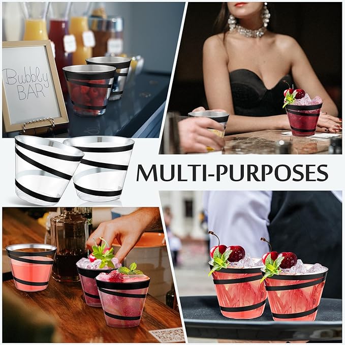 Gejoy 9 oz Rimmed Swirl Plastic Cups Disposable Wine Drinking Cups Clear Elegant Halloween Tumblers for Christmas Party Supplies(Black,100 Pcs)