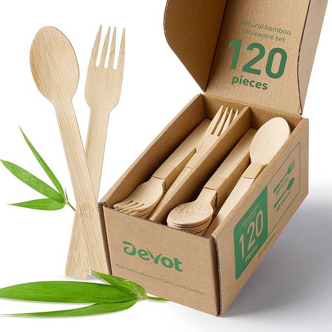 Devot 100% Natural Bamboo Disposable Cutlery Set - 120 Mix (60 Forks, 60 Spoons) 6.7", Eco Friendly Utensils, Biodegradable, Compostable, Splinter Free and Perfect For Weddings, Camping, Party