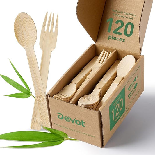 Devot 100% Natural Bamboo Disposable Cutlery Set - 120 Mix (60 Forks, 60 Spoons) 6.7", Eco Friendly Utensils, Biodegradable, Compostable, Splinter Free and Perfect For Weddings, Camping, Party