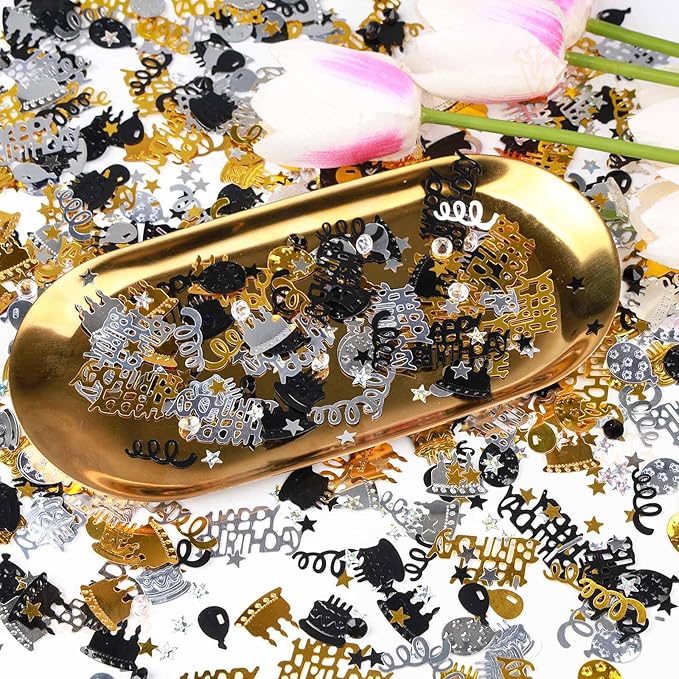VHUWE Happy Birthday Confetti, 1.6 oz Black Gold Silver Cake Balloon Star Goblet Bottle Glitter Confetti for Happy Birthday Party Decorations Boys Girls Kids Women Men Birthday Table Decorations