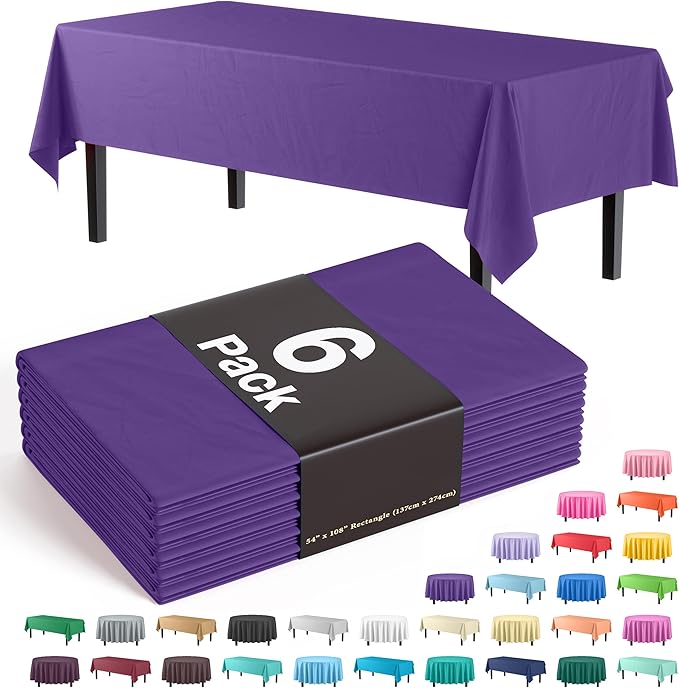 Party Solids 6-Pack Premium Plastic Tablecloth 54in. x 108in. Rectangle Plastic Table Cover - Purple
