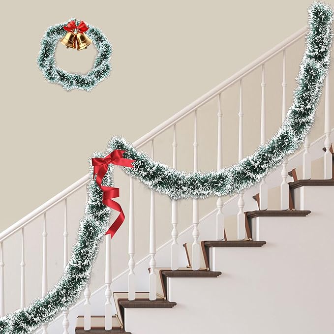 50FT Green White Christmas Tinsel Garland, Metallic Twist Xmas Garland for Christmas Tree Decorations, Holiday Hanging Garlands for Mantel Staircase Fireplace Indoor Outdoor Home Party Decor