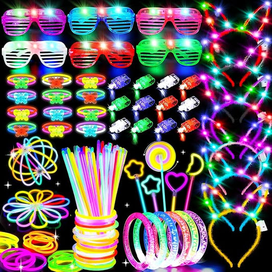 156PCS Glow in The Dark Party Supplies for Kid/Adults, Christmas LED Light Up Toys with 100 Glow Sticks Bulk Party Pack Glasses Headband Bracelet Necklaces New Year Eve Party Favors Neon Accessories