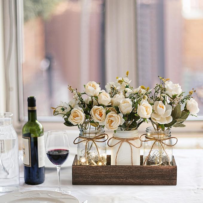 3 Pcs Mason Jar Centerpiece Table Decorations for Dining Table Decor Farmhouse Coffee Table Decor with Wood Tray and Led Light Table Centerpieces for Dining room Kitchen Living Bathroom,White