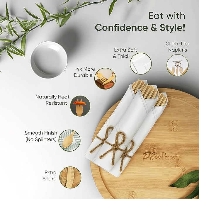 Luxury Pre-Rolled Napkin and Bamboo Cutlery Set (30 Pack, 120 PCS) 100% Biodegradable, Eco-Friendly, Disposable Wrapped Cutlery - Includes Pre-Wrapped Bamboo Forks, Knives, Spoons, & Napkins