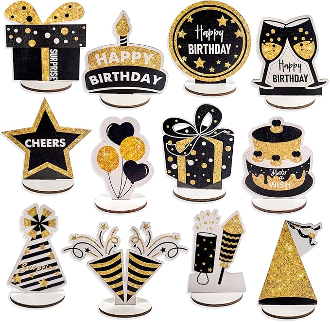 Happy Birthday Table Decorations & Centerpieces - 12-Piece Black & Gold Wooden Glitter Party Decor Set | Elegant & Reusable Birthday Supplies for Men, Women & Kids