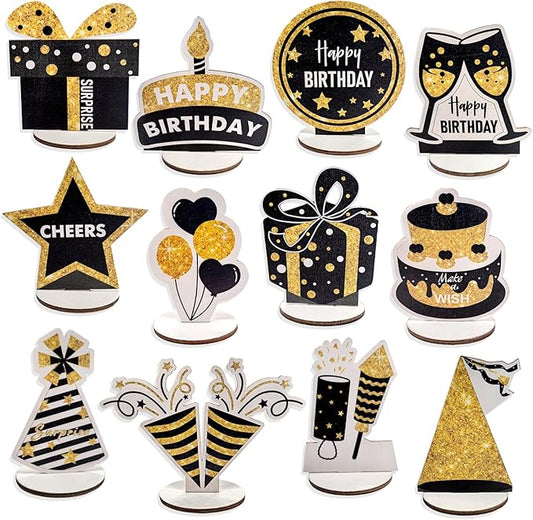 Happy Birthday Table Decorations & Centerpieces - 12-Piece Black & Gold Wooden Glitter Party Decor Set | Elegant & Reusable Birthday Supplies for Men, Women & Kids