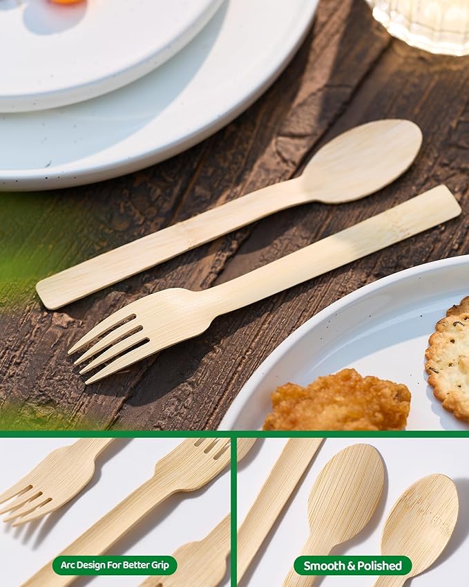 Devot 100% Natural Bamboo Disposable Cutlery Set - 120 Mix (60 Forks, 60 Spoons) 6.7", Eco Friendly Utensils, Biodegradable, Compostable, Splinter Free and Perfect For Weddings, Camping, Party