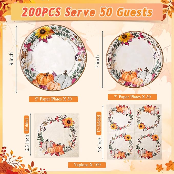 Homlouue 200 Pcs Fall Paper Plates and Napkins, Thanksgiving Plates and Napkins Sets, Fall Pumpkins Wreath Plate Disposable Party Supplies, Heavy Duty Thanksgiving Paper Plate (9" & 7")