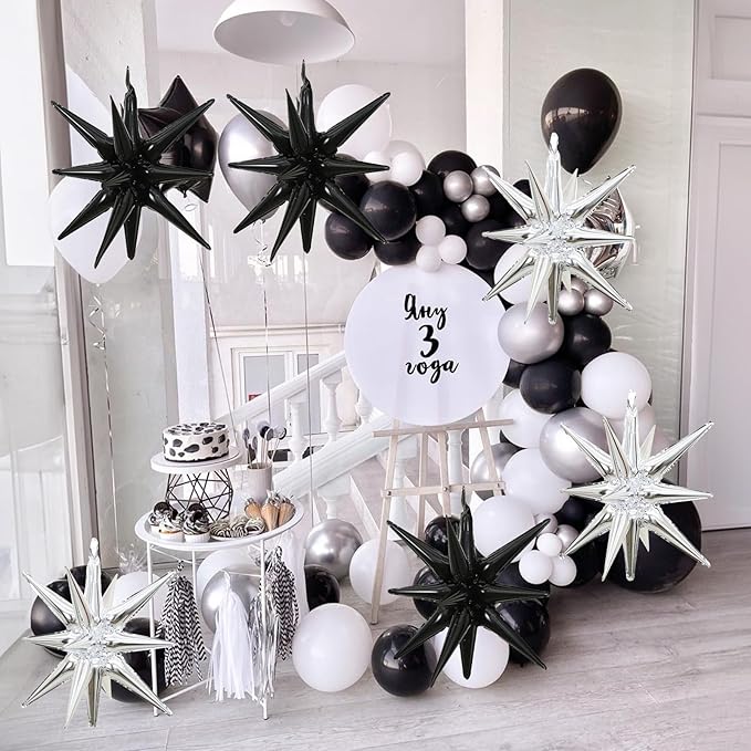 6PCS Silver Black Star Balloons, 22Inch Large Star Balloon Foil Balloons Spike Cone Balloon for Birthday Anniversary New Years Party Decorations