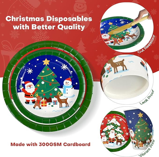 Christmas Paper Plates Disposable w/Napkins Cups & Cutlery, 50 Serves Santa Dinner Plates Sets, Heavy Duty Christmas Plates Disposable Supplies for Family, Winter Holiday Party Decrorations 175 pcs