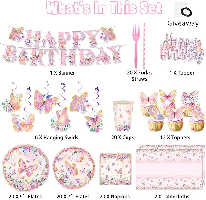163PCS Butterfly Birthday Party Decorations, Girls Butterfly Party Supplies Disposable Plates and Napkins Set, Tableware,Banner, Hanging Swirls, Tablecloth, Cake Cupcake Topper