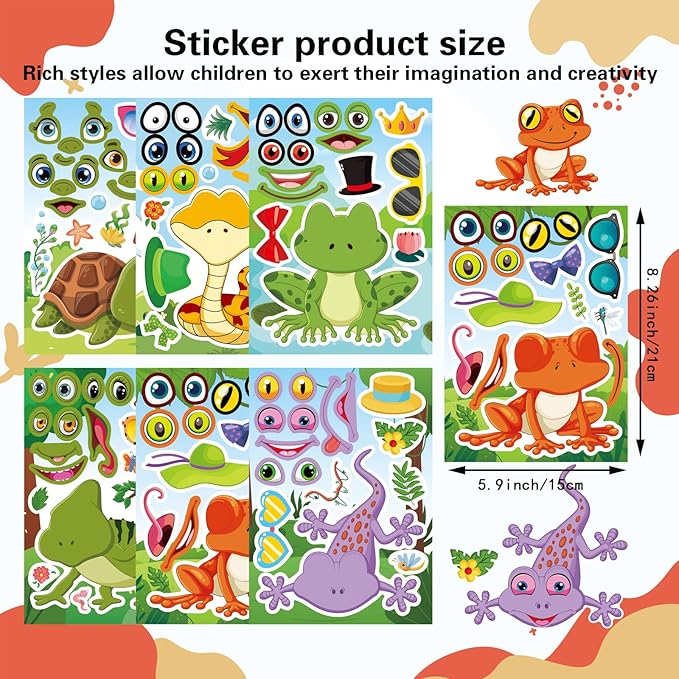36 PCS Make a face Sticker for Kids Toddlers, Make Your Own Reptile Animal Mix and Match Sticker with Snakes, Lizards, Frogs, Turtles, Kids Party Favor Craft Supplies