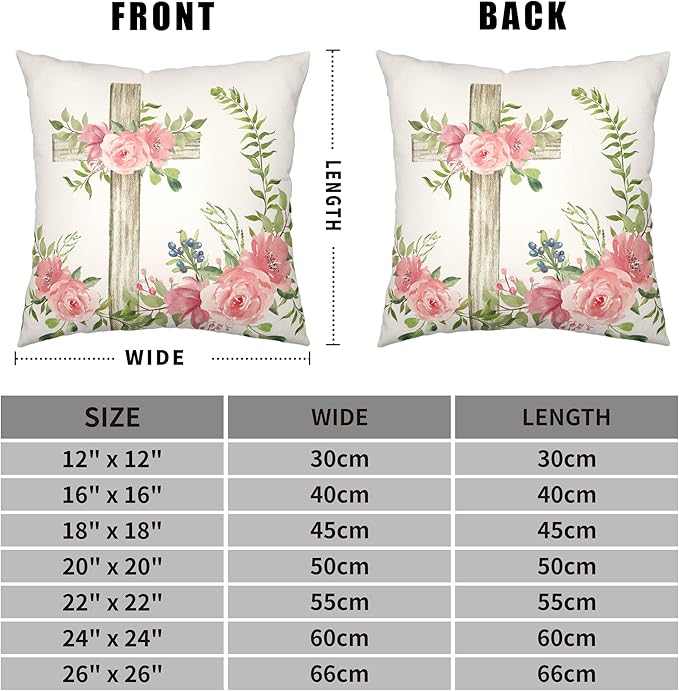 Easter Pillow Covers Bunny Cross Floral Throw Pillow Covers Spring Flowers Wreath Decorative Pillow Case 24x24 Pink Rose Cushion Covers for Couch Outdoor Patio Living Room